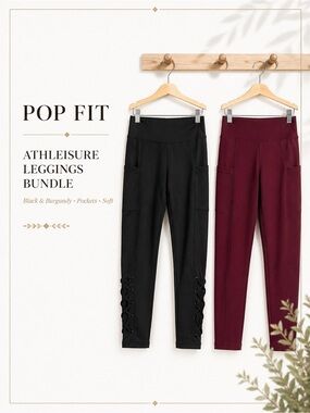Pop Fit Black Burgundy Athleisure Pocket Lace Up Leggings Bundle Size M